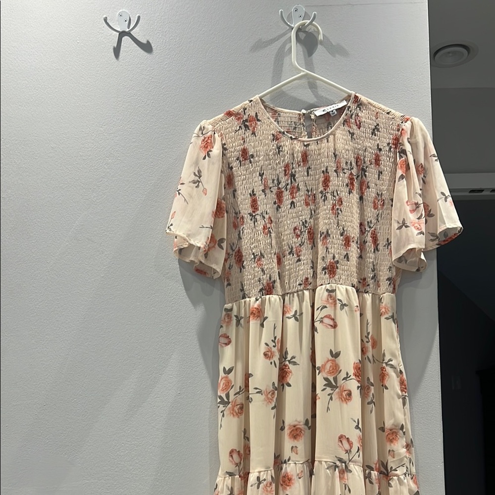 Moodie Pink and Cream Smocked Midi Dress with Puff Sleeves